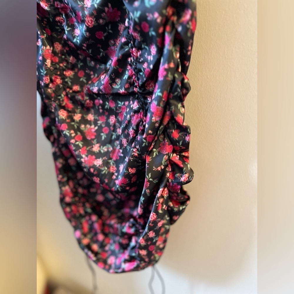 For Love & Lemons Melrose Satin Black and Pink Ruche Mini Puff sleeve dress - Picture 9 of 16